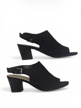 Franco Sarto Women’s Black Suede Block Heel Monaco Peep Toe Sling Back Shoes 7.5